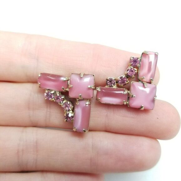 Vintage Pink Rhinestone Clip On Screw Back Earrings, Milky Opaque, 60s 70s - Picture 2 of 6
